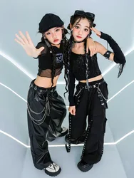 2025 Children Jazz Modern Dance Costumes For Girls Mesh Tops Loose Pants Outfits Hip Hop Dance Performance Stage Wear DQS18507
