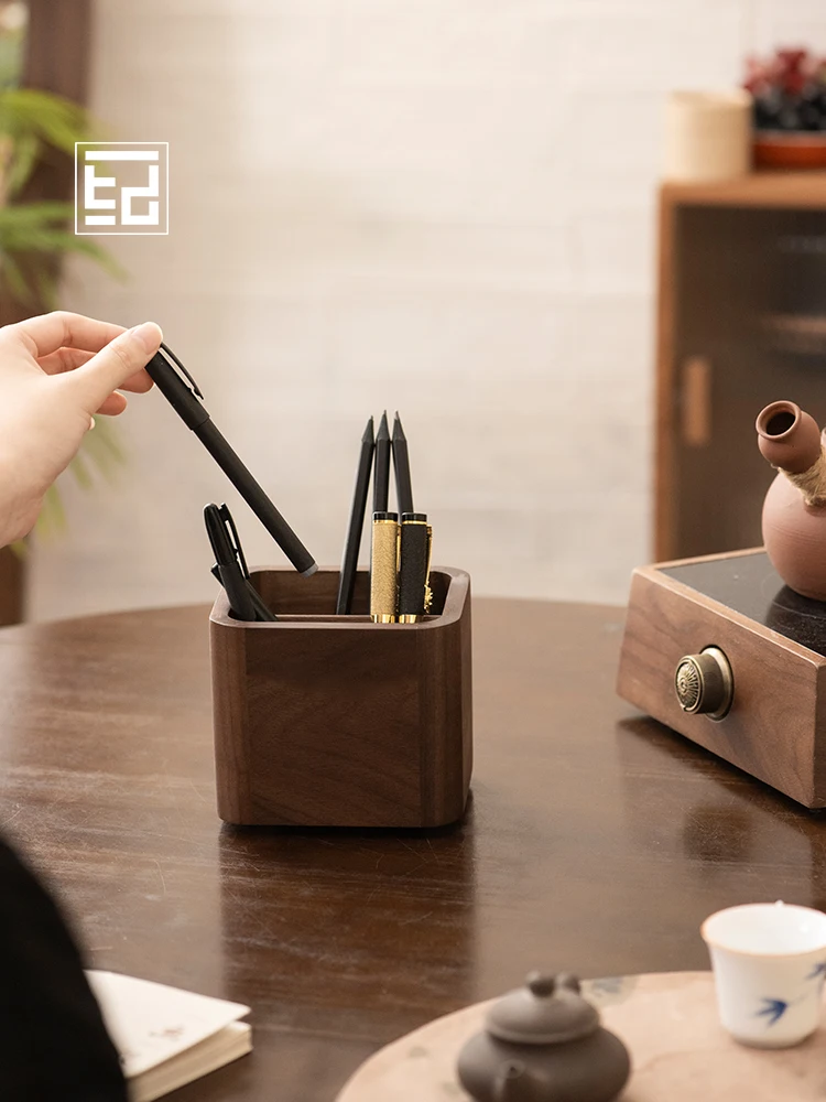 rotating-luxury-black-walnut-wood-pen-holder-desktop-organizer-double-grid-slanted-insertion-style-space-saving