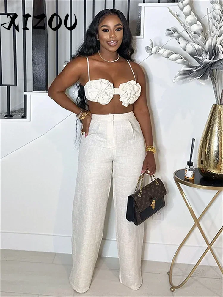 

XIZOU отпуск в пляжном стиле, комплект из 2 предметов, женский бюстгальтер с рюшами и цветочным принтом, топы + прямые брюки на талии на пуговицах, модные сексуальные трендовые наряды