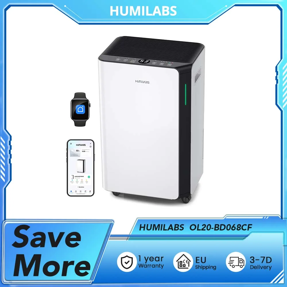 Deumidificatore HUMILABS OL20-BD068CF, 330 W/1,92 A max, suono 43 dB, 20 L/D, 240 V, 360 °   Ruote, riduzione del 45% per/h, maniglia incorporata