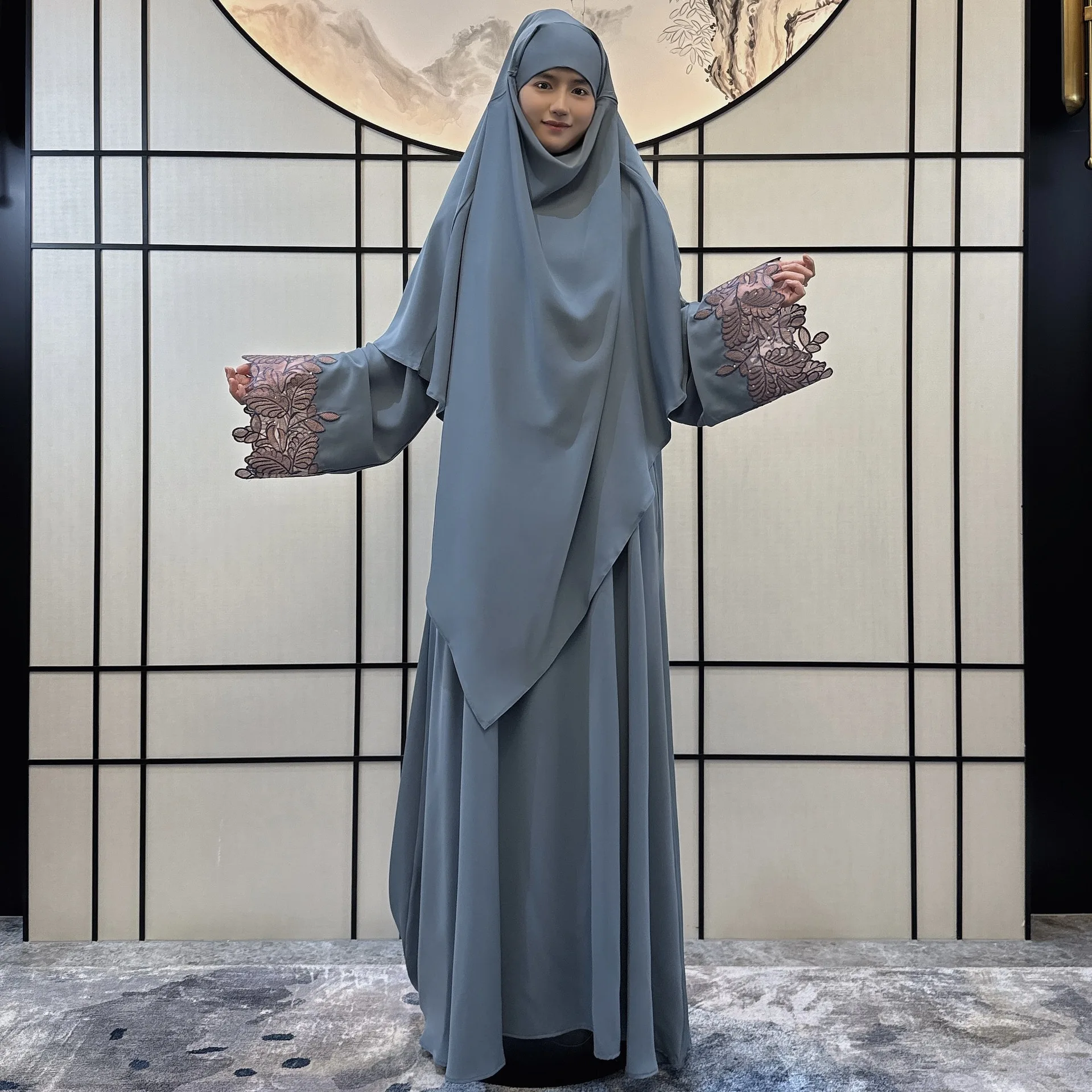 Zestaw Khimar Abaya, szata hidżab, muzułmańskie ubrania damskie, rękawy haftowane poprawki, turecka islamska sukienka w Dubaju, Ramadan, Jilbabs