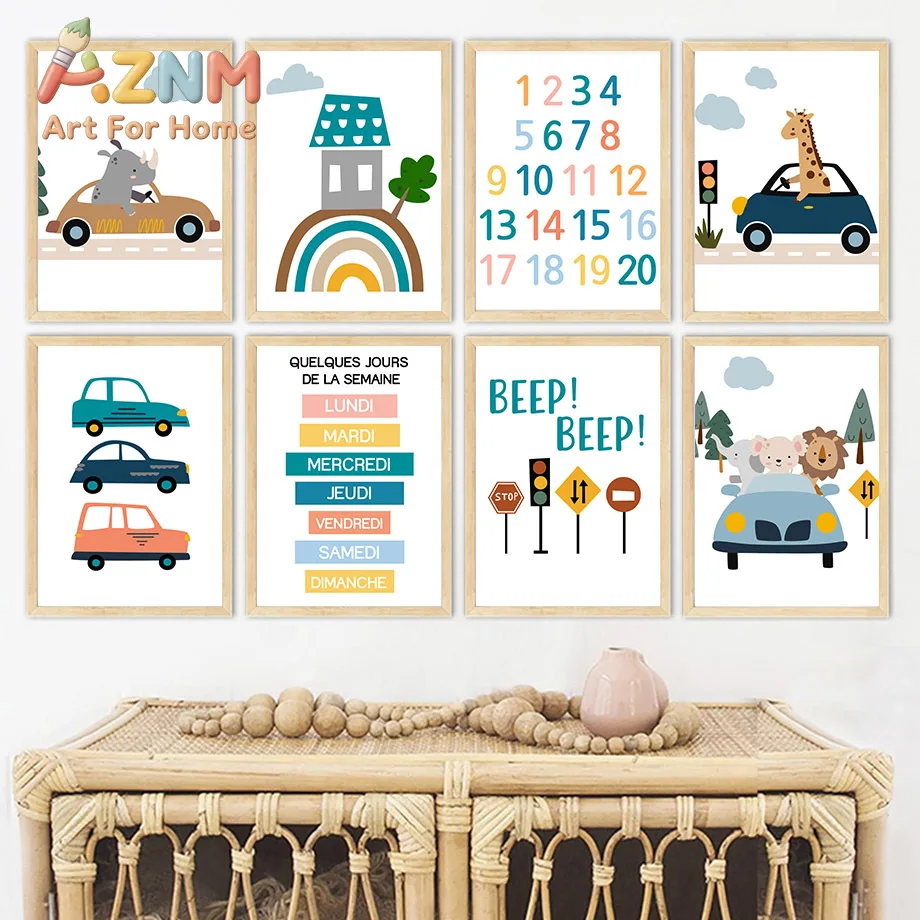 Boho Lion Giraffe Car Traffic Rainbow Number Wall Art Canvas Painting Cartoon Posters And Prints Pictures Baby Kids Room Deco