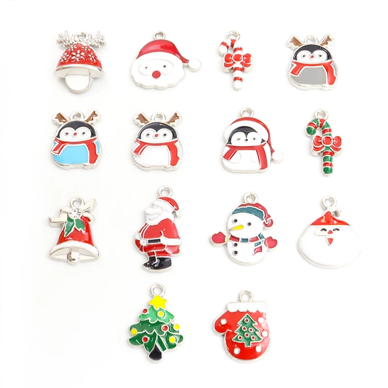 10pcs Mix Christmas series Enamel Charms Lovely Cartoon Christmas Tree Santa Claus Snowman Penguin DIY Jewelry Xmas Gift Pendant