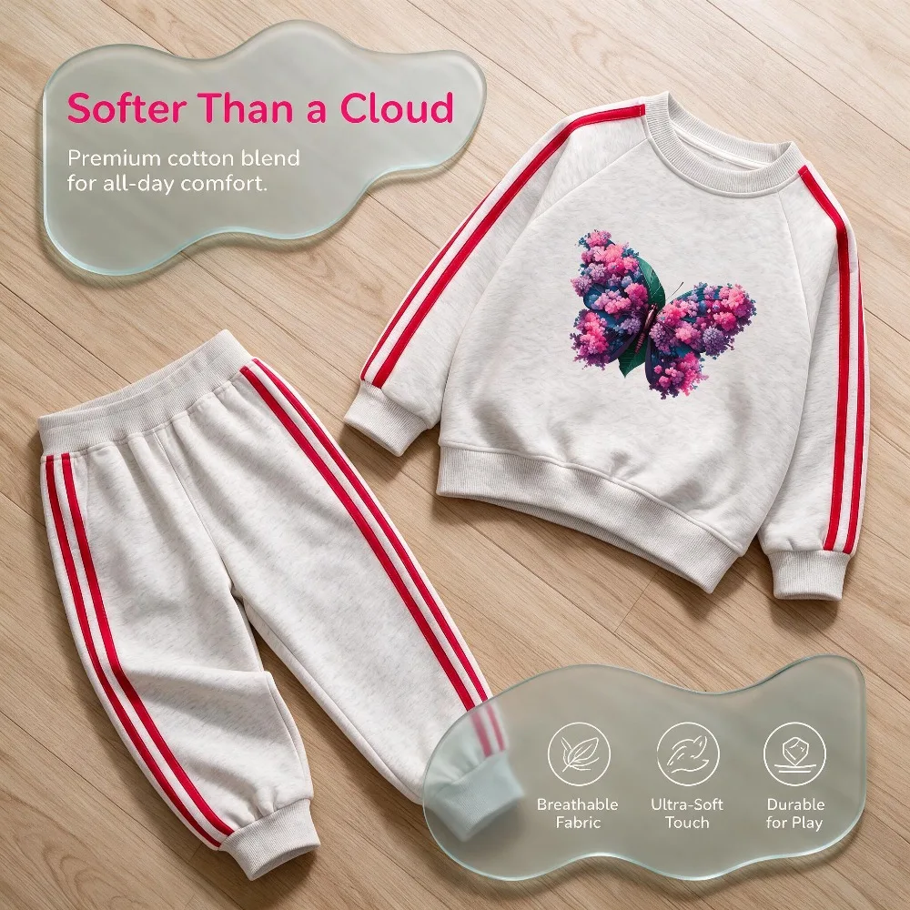 2026 Butterfly Printed Girls Fashion Sweatshirts Sets Autumn Winter Children's O Neck Hoodies Long Pant Two Piece Suit Tracksuit