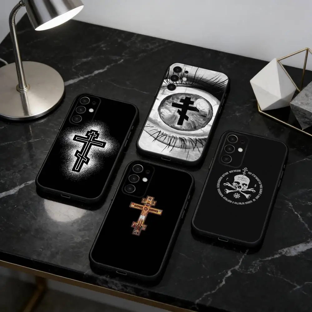 

O-Orthodox C-Cross Icon Phone Case For Samsung S25,24,23,22,30,21,10,9,Ultra,Plus,FE 5G Black Soft Case