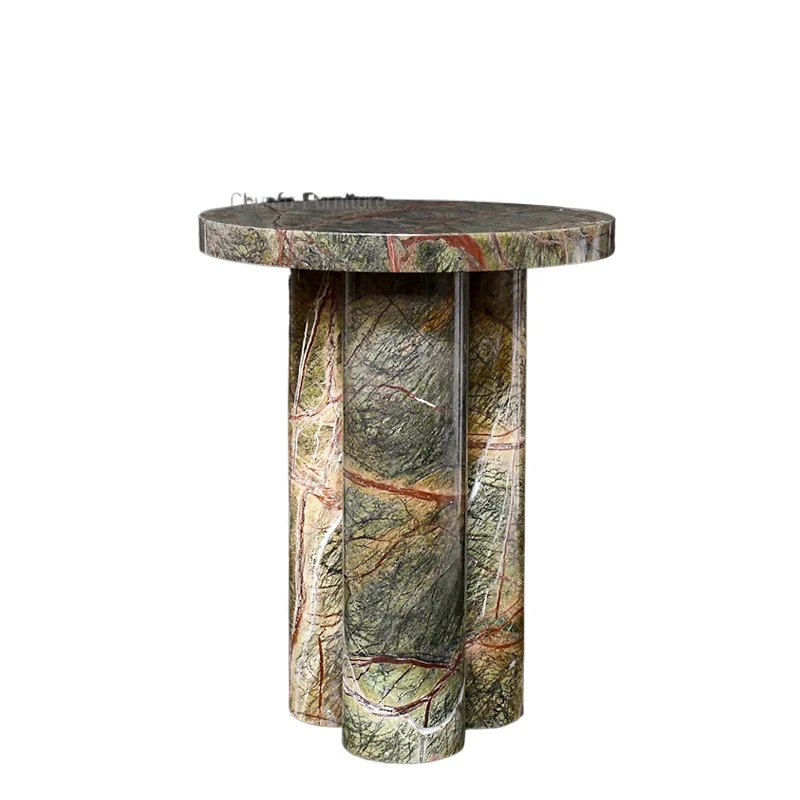 Modern minimalist round green marble retractable convertible side table with limestone top for hotel decoration