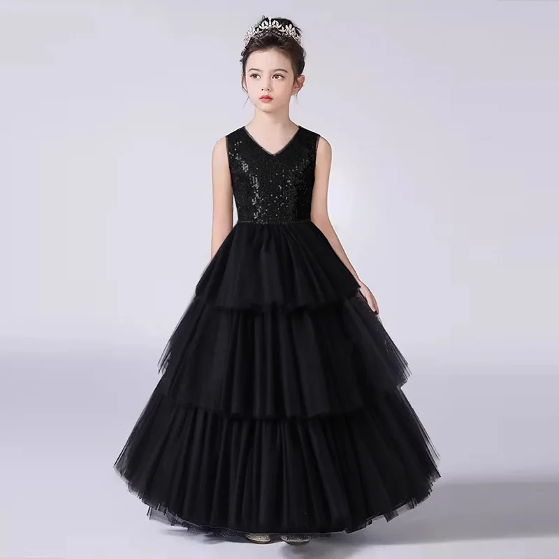 

It's Yiiya Индивидуальные платья с цветочным узором для девочек, черные тюлевые платья с блестками и v-образным вырезом без рукавов, многоуровневые, длиной до пола, на молнии сзади, детские платья T091