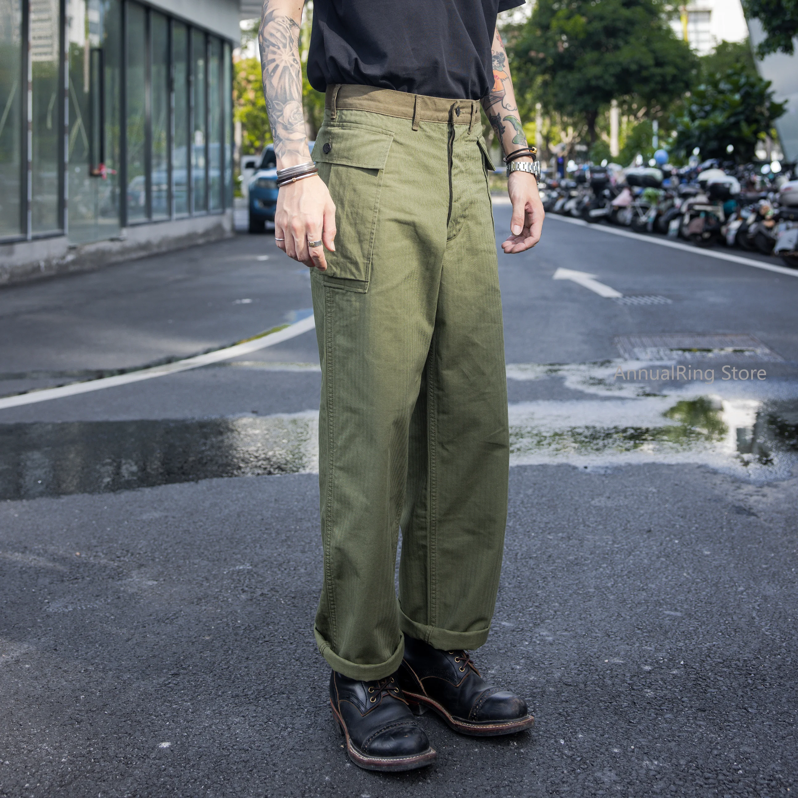 

Red Tornado Army M-43 HBT Utility Pants 1940s Vintage Herringbone Twill Fatigue Cargo Trousers M-1943