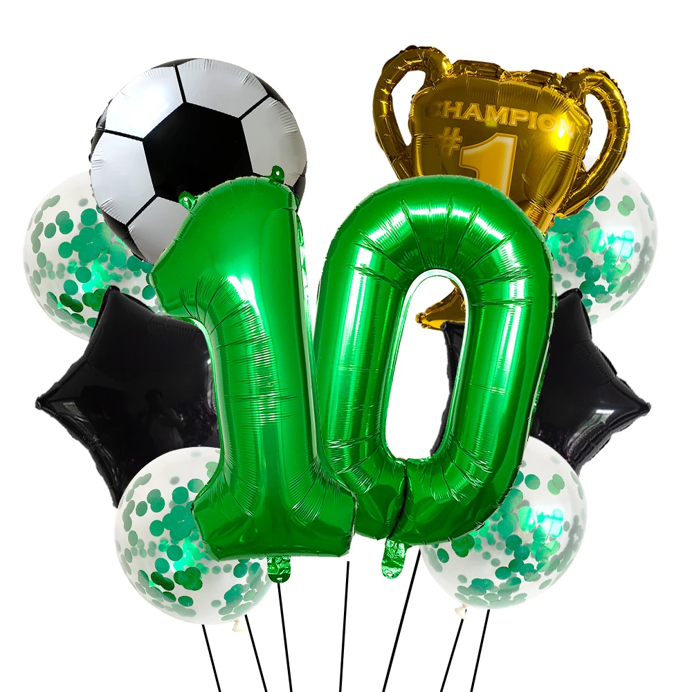 9pcs Football Birthday Party Decoration Set Football Balloons and 32 inch Green Number Balloons Football Party Supplies
