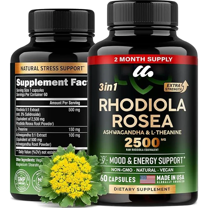 Rhodiola Rosea Supplement- Rhodiola Extract 5:1 | 3% Salidroside - Ashwagandha & L-Theanine -  60 Capsules