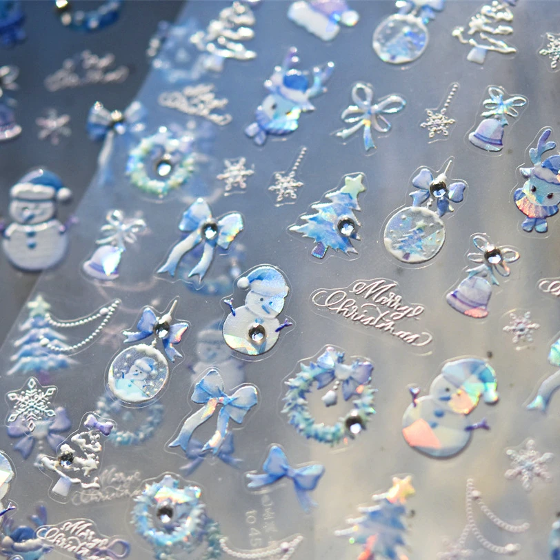 Blue Pink Sparkling Snowman Christmas Tree Wreath Bowknot Elk Winter Snowflakes Ball Santa Deer Nail Art Sticker Manicure Decals