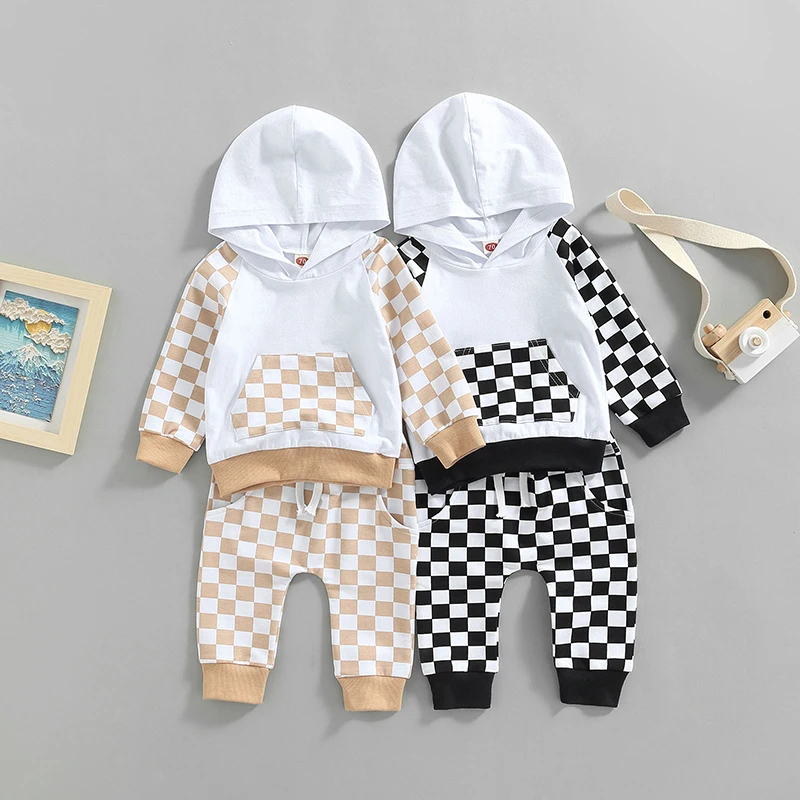 2022-07-01 Lioraitiin 0-4Years Girl Boy Outfit 2Pcs Set Plaid Long Sleeve Hoodie with Pockets Elastic Drawstring Waist Pants