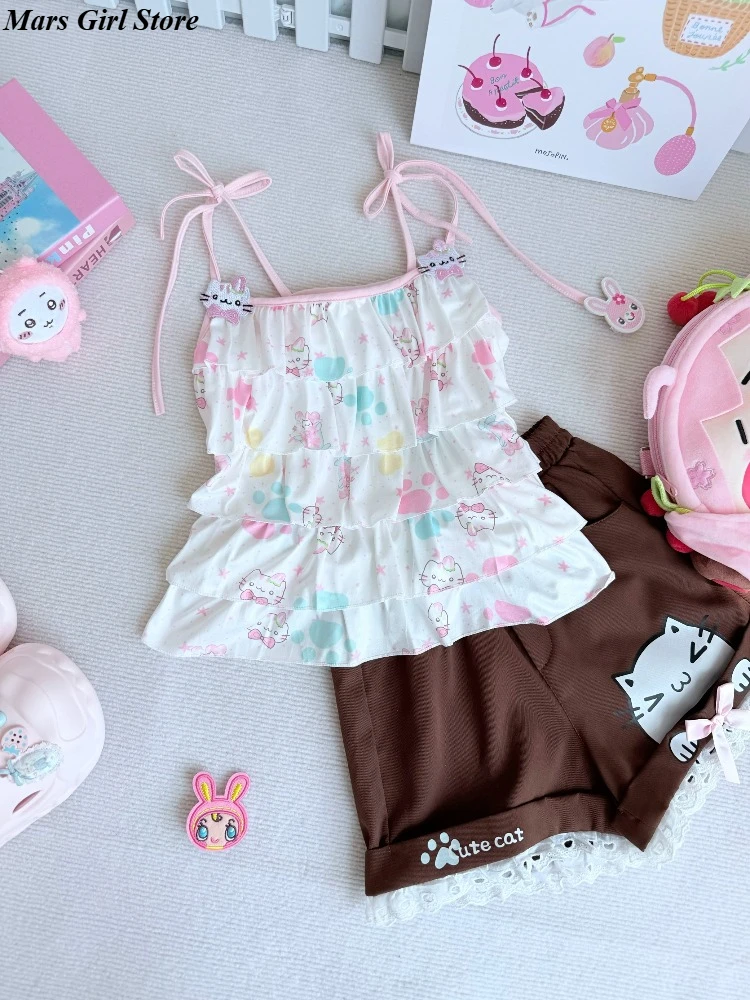 

Japanese Sweet Lolita Embroidery Bandage Camisole Women Cartoon Cat Printing Kawaii Cute Tanks and Bow Lace Trim Short Pants New