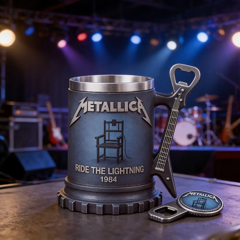 Ruru Metallica Guitar Handle Beer Mug, Ride The Lightning 1984 Collectible Coffee Cup for Rock Fans