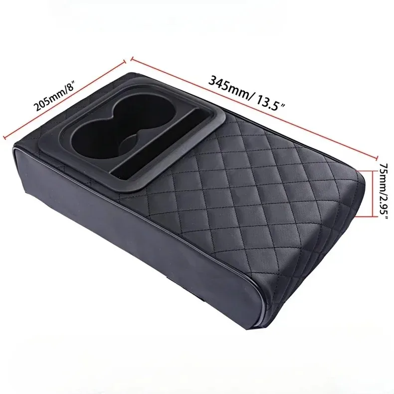 Car Armrest Cushion with 2 Cup Holders PU Leather Center Console Arm Rest Pad Portable Auto Pillow Heightening Cover Universal image 4
