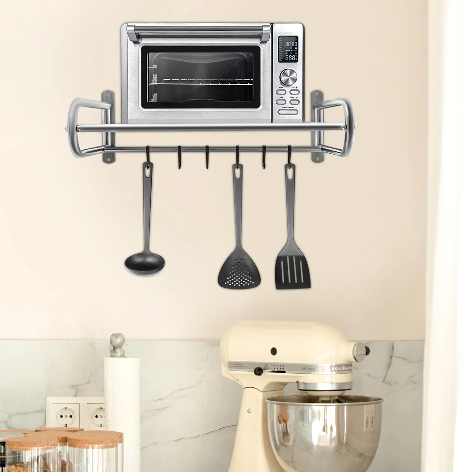 

Настенная полка-стеллаж из нержавеющей стали для микроволновой печи, грузоподъемность 30 кг, с защитным бортиком для организации хранения на кухне, 2-ярусная