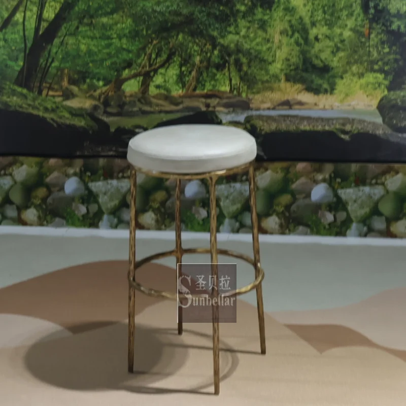 Hot Selling Top Grain Genuine Leather Metal Forged Iron Round bar Stool Home Kitchen Dining Room bar Stool Chair Counter Stool