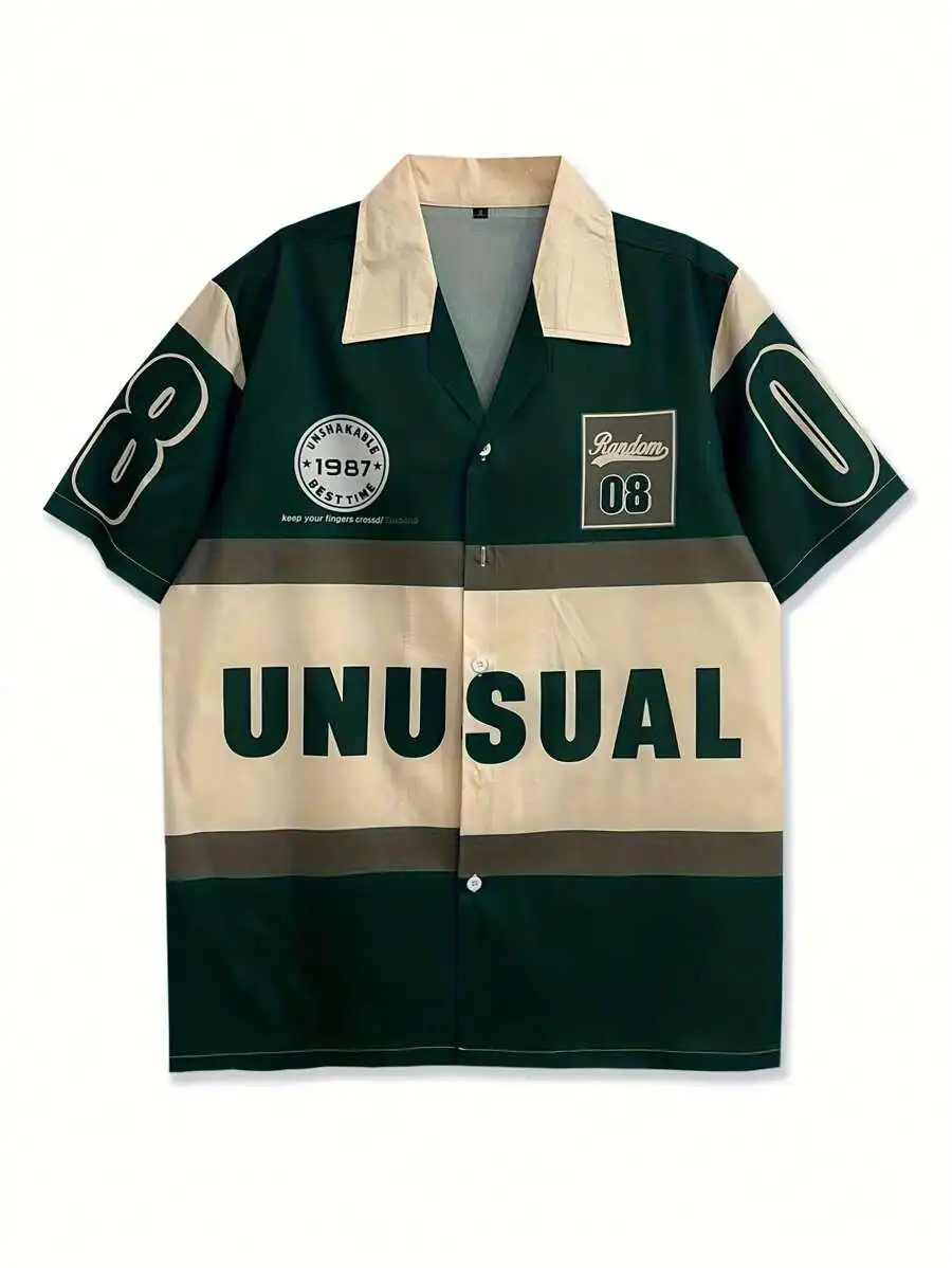 

Men's Retro-Style Printed Short Sleeve Shirt with Bold Graphic Design