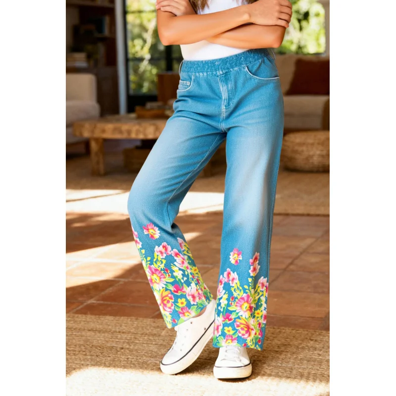 

2025 Floral Print Imitation Denim Jeans, Stretch Belt for Daily Wear, Perfect Fit
