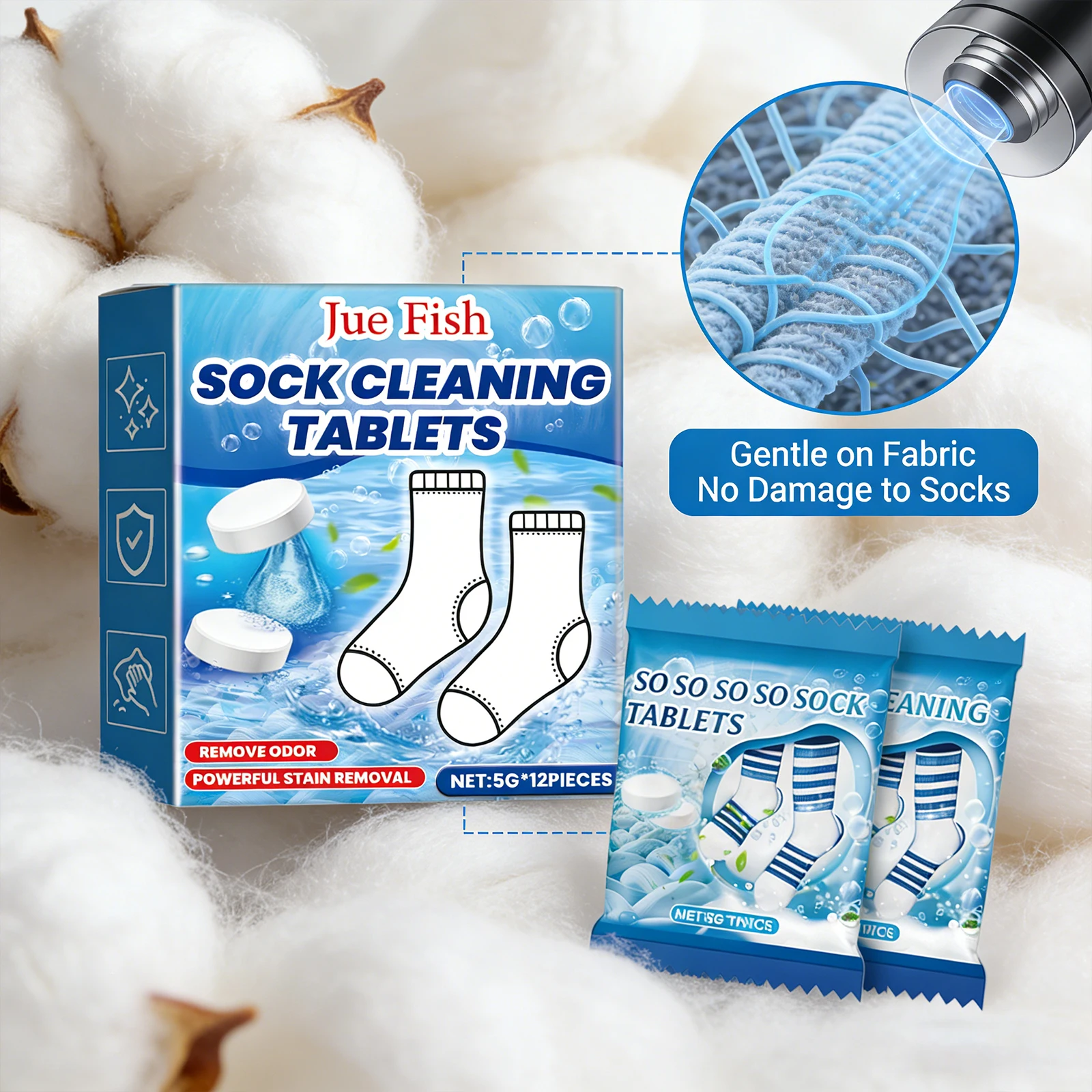 Sock Cleaning Effervescent Tablet Gentle Cleaning Stubborn Dirt Remove Odor Long-Lasting Antibacterial White Sock Cleaning Sheet