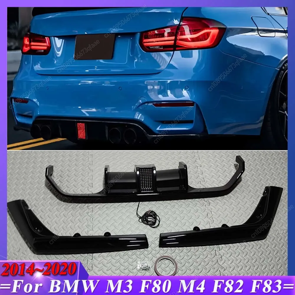 For BMW M3 F80 M4 F82 F83 2014-2020 Black Car V Style Rear Bumper Diffuser Spoiler Lip Splitter With Led Light Body Kits Tuning