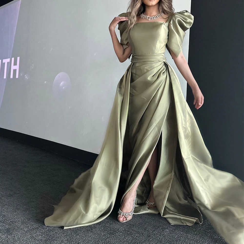 

Customized Temperament Pleat Square Neck Floor Length Side Slit Evening Dress A-Line Satin Short Sleeves Vestidos De Fiesta