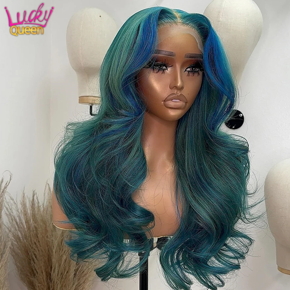 Perruque Lace Front Wig naturelle Body Wave, cheveux humains, 13x4, pre-plucked, colorée, à rayures vertes et bleues