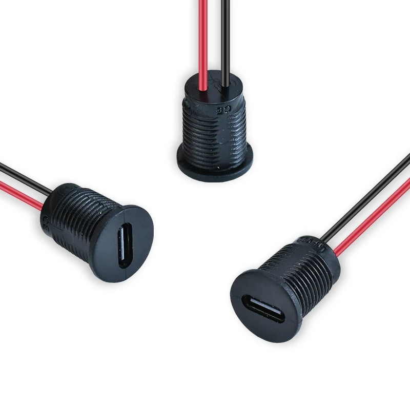 LN-022 USB Type-C Female Jack Threaded Nut Lock Panel Mount Pigtail Connector PD Power Delivery 2Pin 4Pin Pre-wired Tinned Wire