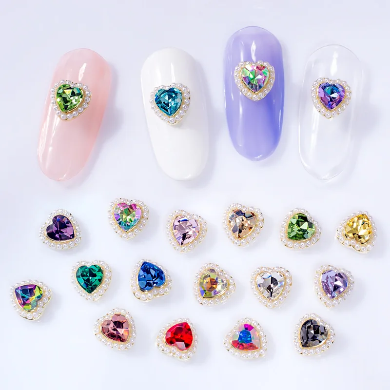 Dijes de diseño de perlas para uñas, 10 piezas, joyería de 7,5x8mm, diseño de uñas de corazón, diamantes de imitación para suministros de manicura, decoración de uñas