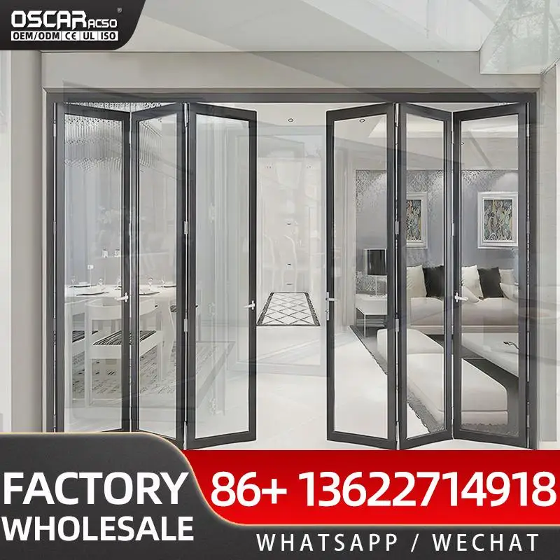 باب ألومنيوم عازل للحرارة من الزجاج الأسود قابل للطي على الطراز الصيني لفندق الفيلا باب قابل للطي قابل للفتح