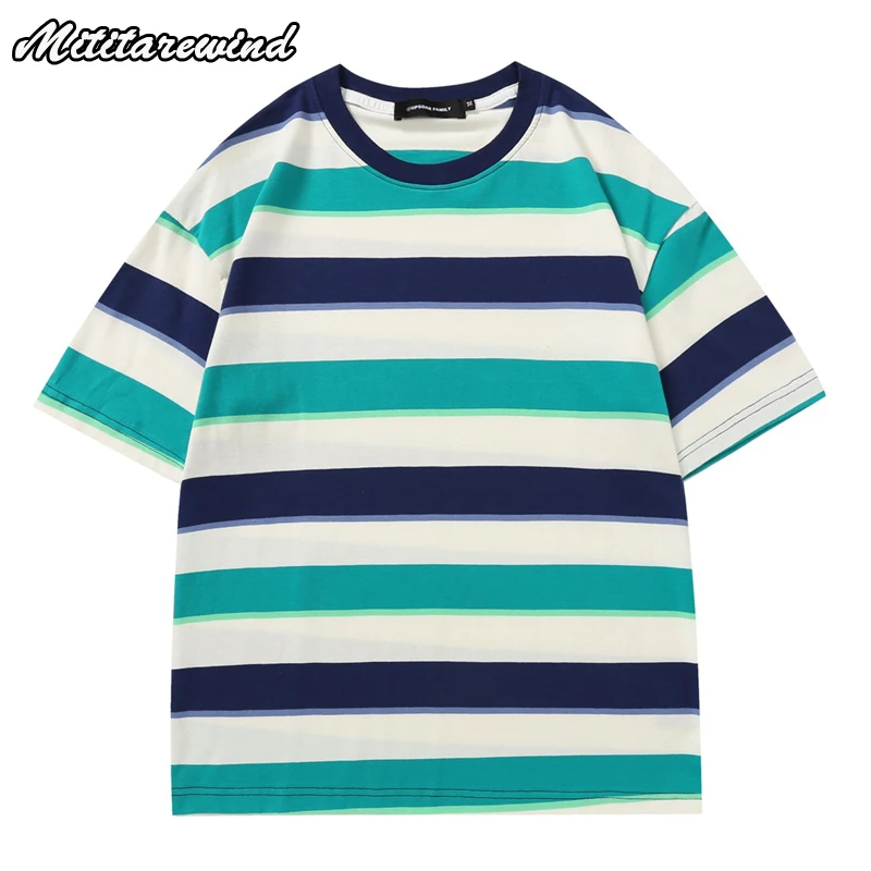 

Japanese Style Summer T Shirt Men and Women Retro Striped Short Sleeve Hip Hop Streetwear 100% Cotton Breathable Couple Top Tees