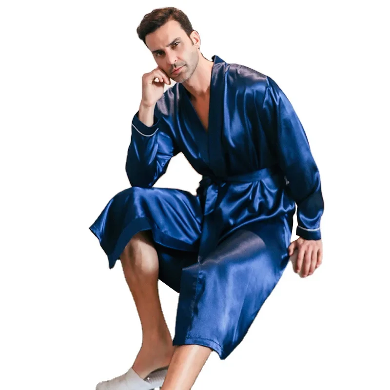 Pajama men\'s spring and autumn silk thin style oversized pajamas long sleeved bathrobes ice silk bathrobes home clothing summer