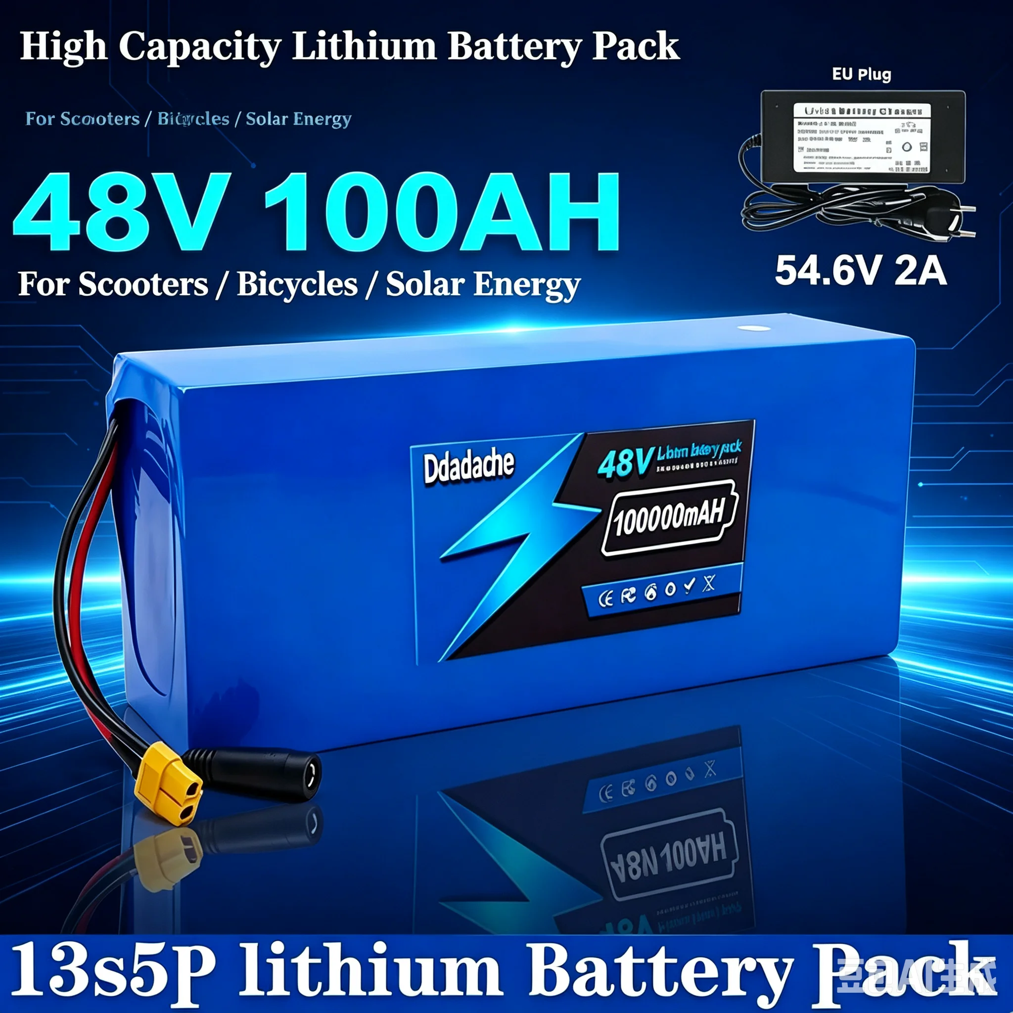Batterie au lithium 48 V, 100 Ah 13 S5P, 100 % neuve avec cellules 18650, rechargeable avec BMS intelligent intégré, compatible avec les machines électriques de 1500 W
