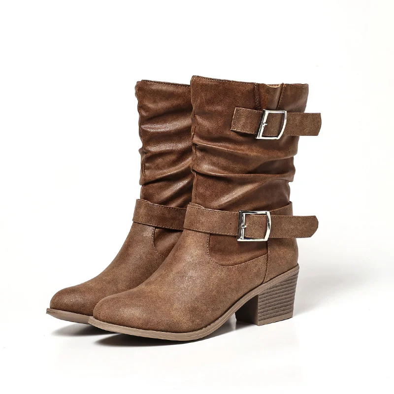 Designer Mid Calf Boots For Women Platform Metal Buckle Women's Boots Trend 2026 Fashion Brown Woman Booties Heels Ladies Shoes