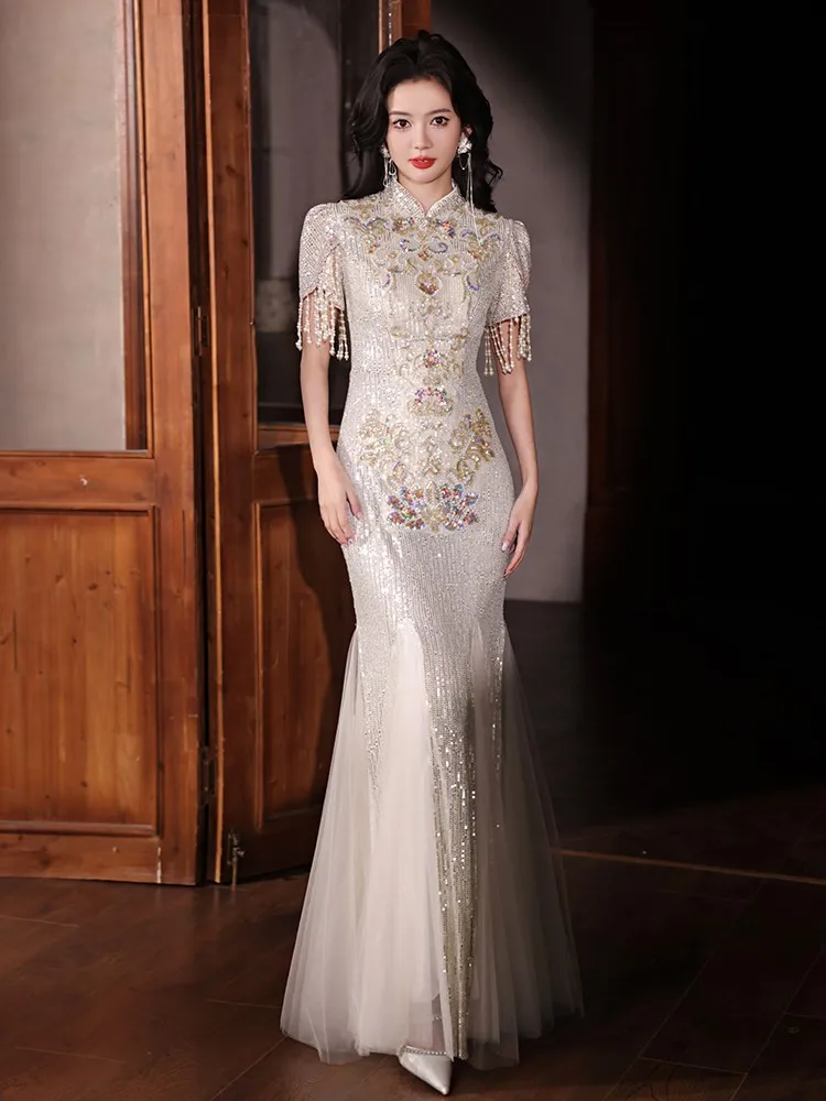 Chinese-style cheongsam with sequins light luxury and niche cocktail dress for banquets