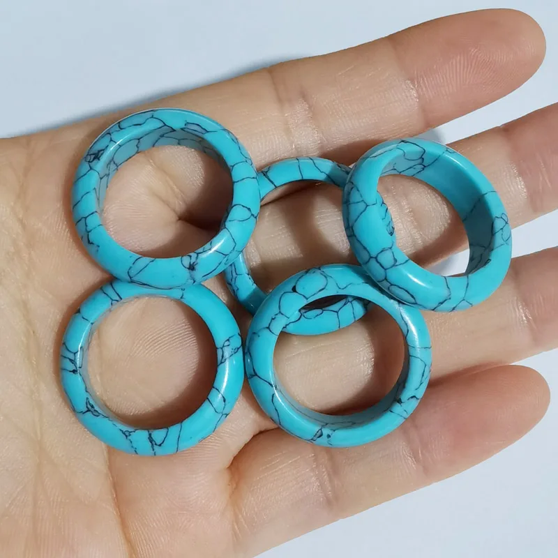 Fashion 12pcs turquoise Stone Rings Wide 6mm Circle Finger Reiki Running a hoop Women/men Finger Ring Party Wedding Gift