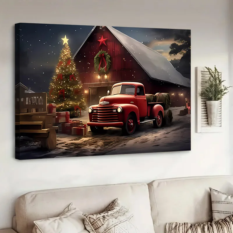 Framed Classic Red Truck Canvas Painting Rustic Landscape Christmas Tree Canvas Wall Art Bedroom Living Room Home Decor Gift