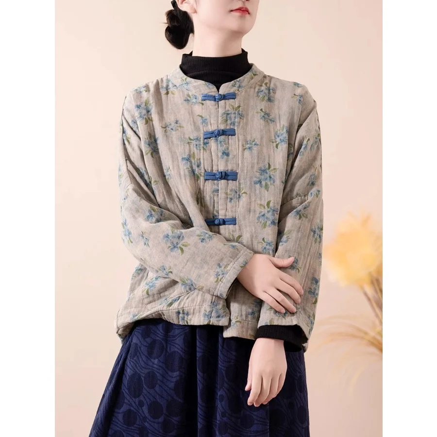 Chic cinese Sle Cotone Lino Or Jaet per donne di mezza età con design a bottoni Lungo Sve Stampa floreale Vestibilità ampia