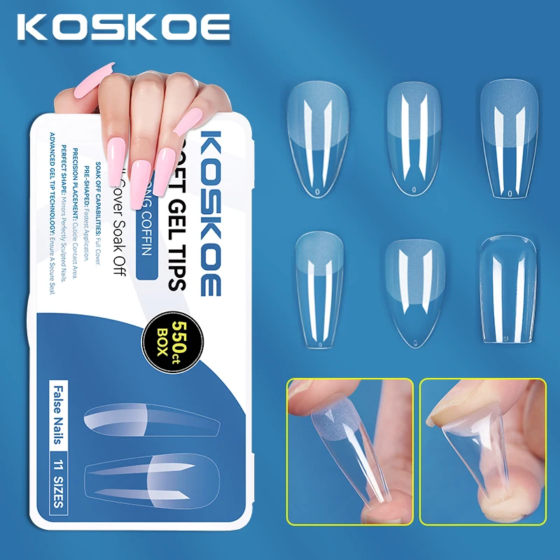 KOSKOE 550pcs False Acrylic Nails Tips Full Cover Clear Nail Extension Tips Boxed soft gel tips Coffin/Almond/Square Nail Tips