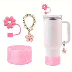 Flower Charm Chains Accessories for Stanley 20/30/40 oz Tumbler with 10mm Straw Topper and Glitter Protective Silicone Boot
