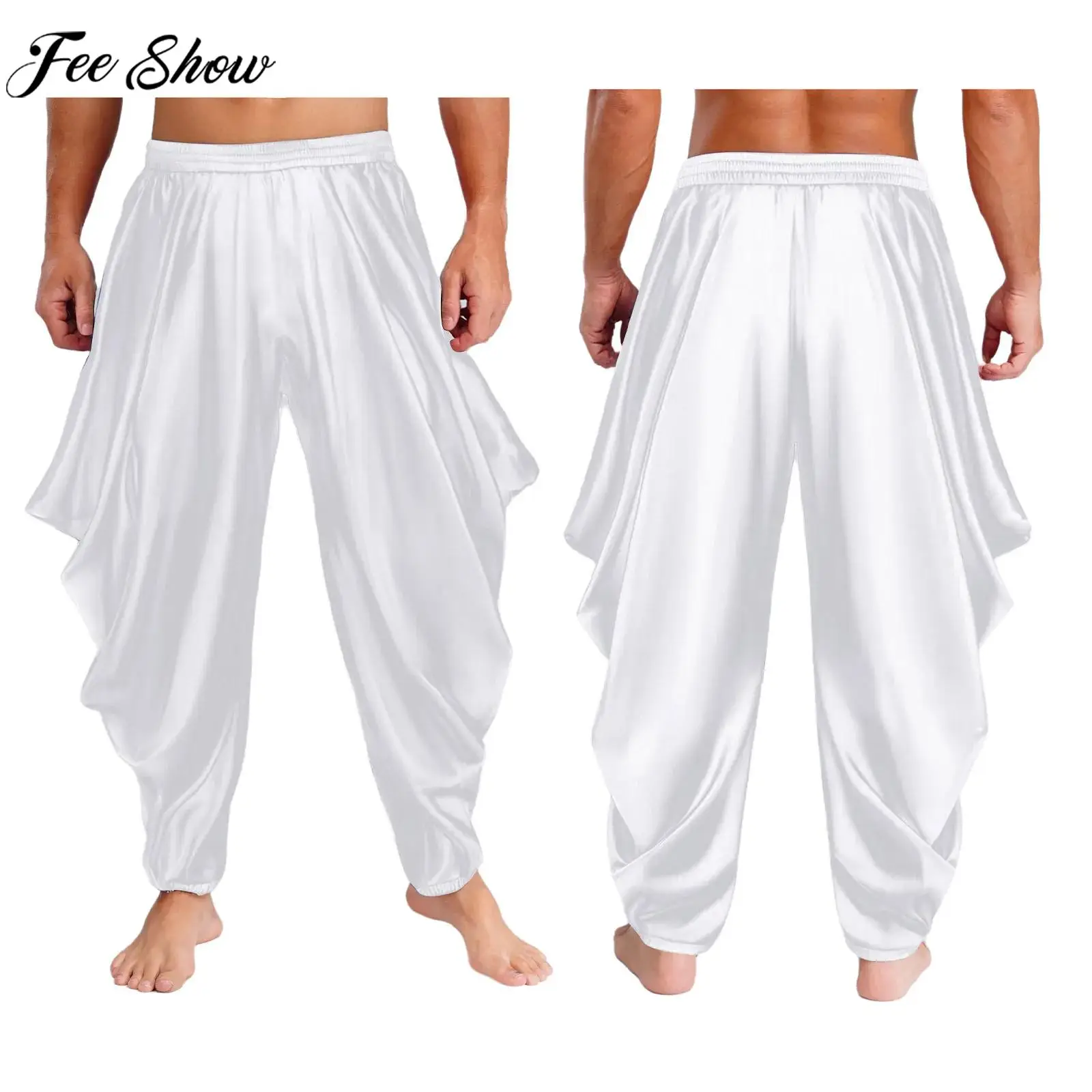 

Men Arab Prince Cosplay Costume Indian Belly Dance Trousers Elastic Waistband Satiny Loose Harem Pants for Halloween Carnival