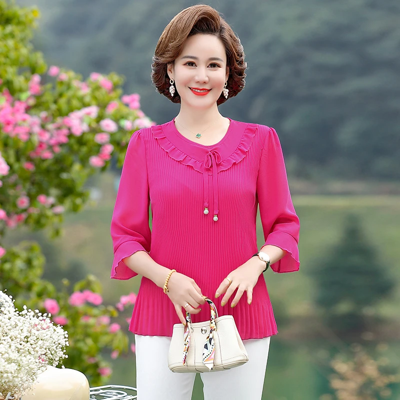 

Loose Fit Womens Tops And Blouses Casual O Neck Flare Sleeve Plus Size Shirts Tunic Pink Blouse Women Chiffon Ruffles Solid