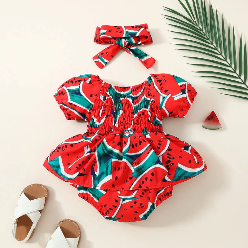 Baby Girl Bodysuits 2 Piece Outfits Watermelon Print Short Sleeve Romper Dress with Cute Headband Set Summer Clothes