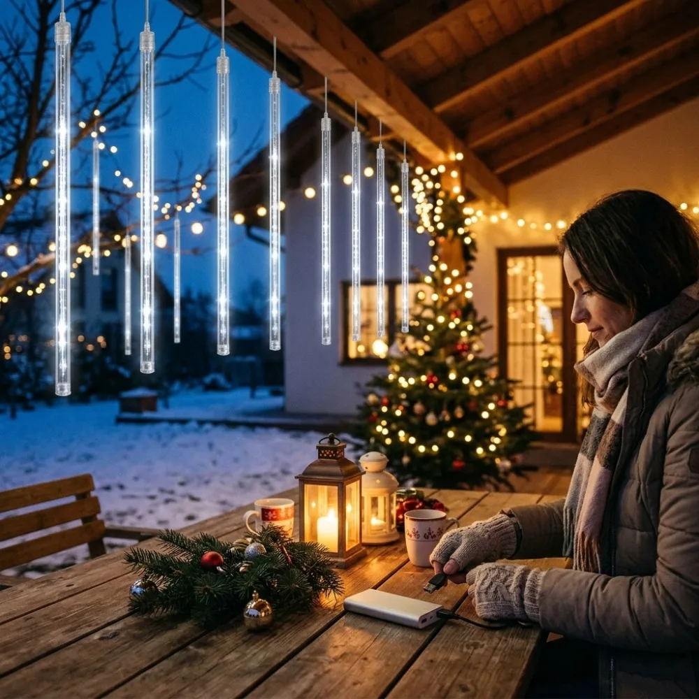 USB Meteor Shower Lights Warm White for Christmas Halloween Homes Weddings Party Outdoor Trees Gardens Patios Festive Decoration