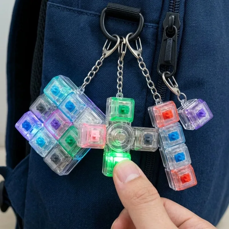 Colorful LED Keyboard Key Keychain with 2/4/9 Keys Clickable Stress Relief Fidget Toy Light Up Button Key Ring for Women Men
