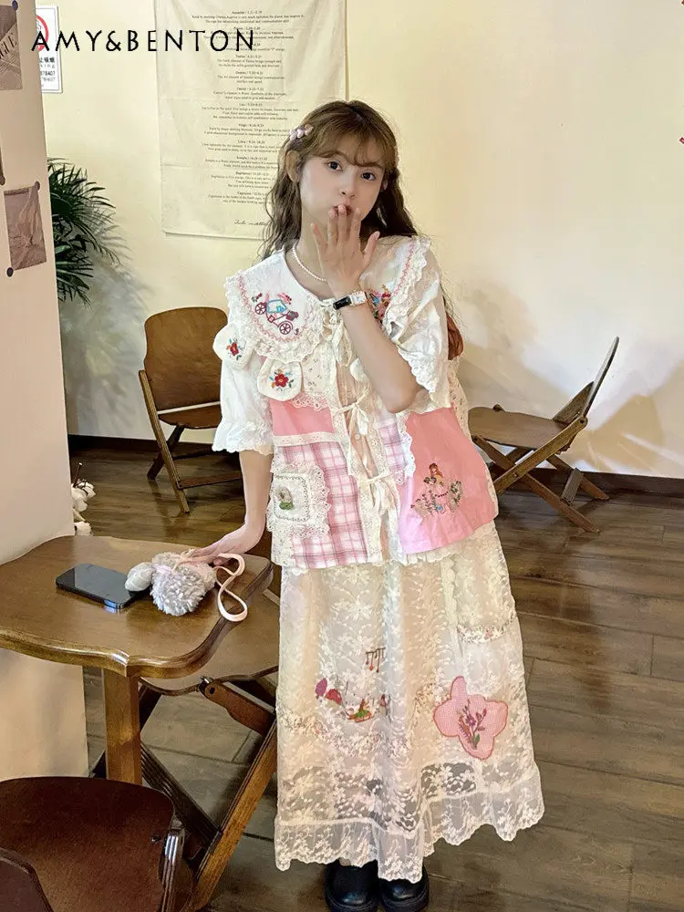 

Spring and Summer Forest-style Girl's Pink Floral Plaid Patchwork Lace-up Vest Cute 3D Bunny Long-sleeved Shirt Beige Lace Skirt