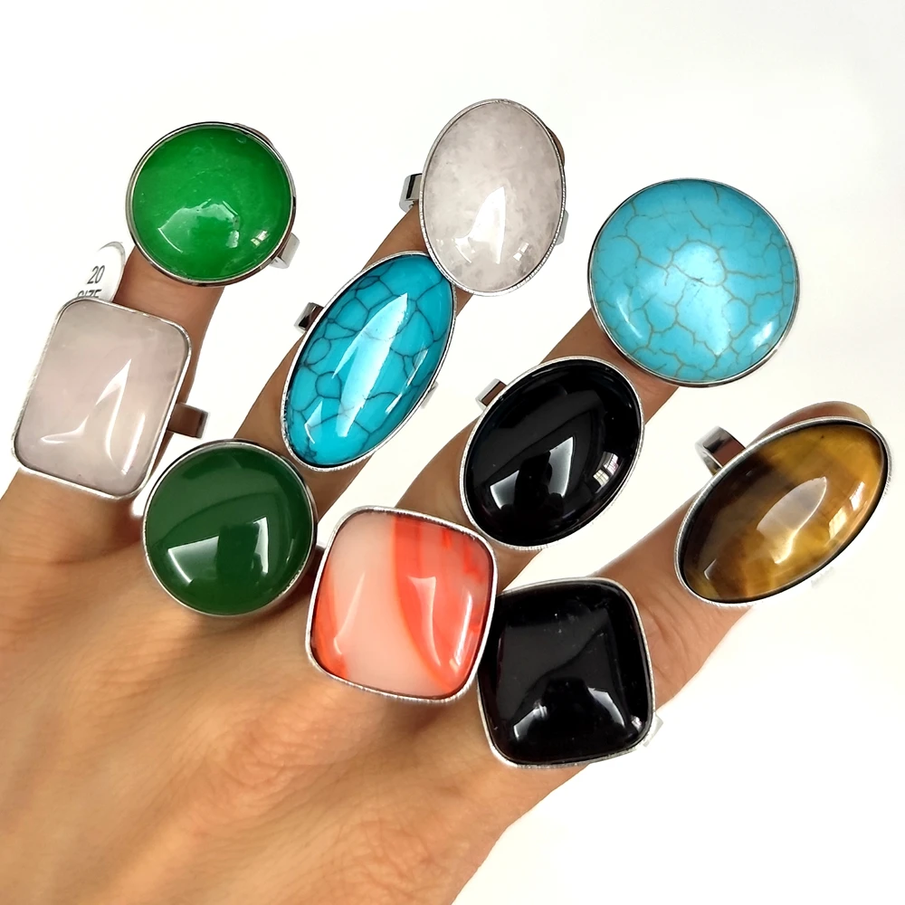 20 Stück/Los Großhandel Gemischte 316L Edelstahl Ringe mit Großen Natursteinen, Ovale und Quadratische Opal-Cabochon-Ringe, Party-Schmuck – Detail 7