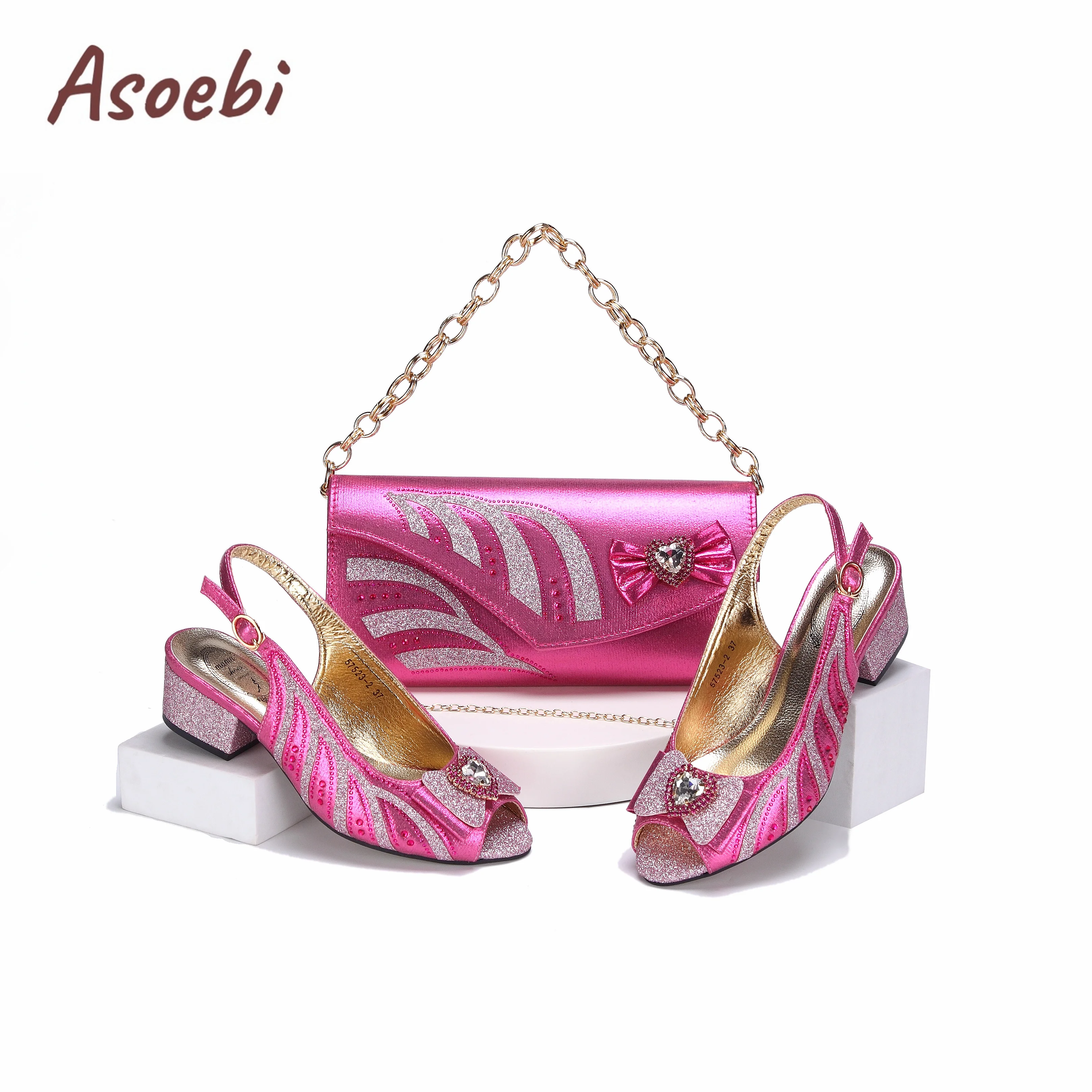 2024 New Arrival Elegant Style Fuchsia Color Low Heels Nigeria Popular Design African Ladies Shoes And Bag Set