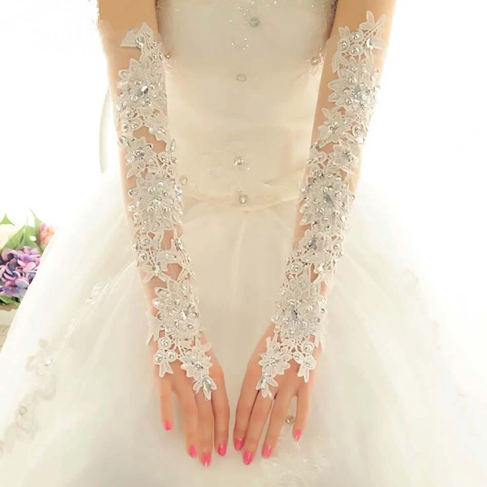 Loriewedding ถุงมือลูกไม้สีขาวไม่มีนิ้วถุงมือคริสตัลถุงมือเลื่อมสำหรับเจ้าสาวอุปกรณ์เสริมถุงมือสำหรับงานปาร์ตี้สำหรับผู้หญิง