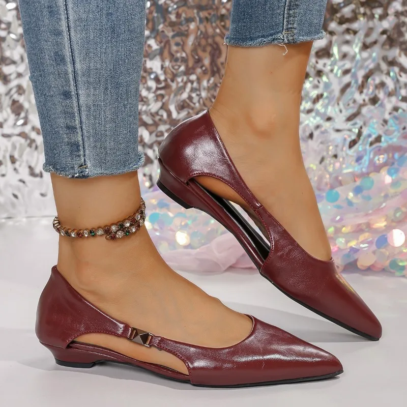Low Heel Single Shoes Autumn New Pointed Toe Shallow Mouth Hollow Metal Button Soft Sole Soft Side Low Top Shoes
